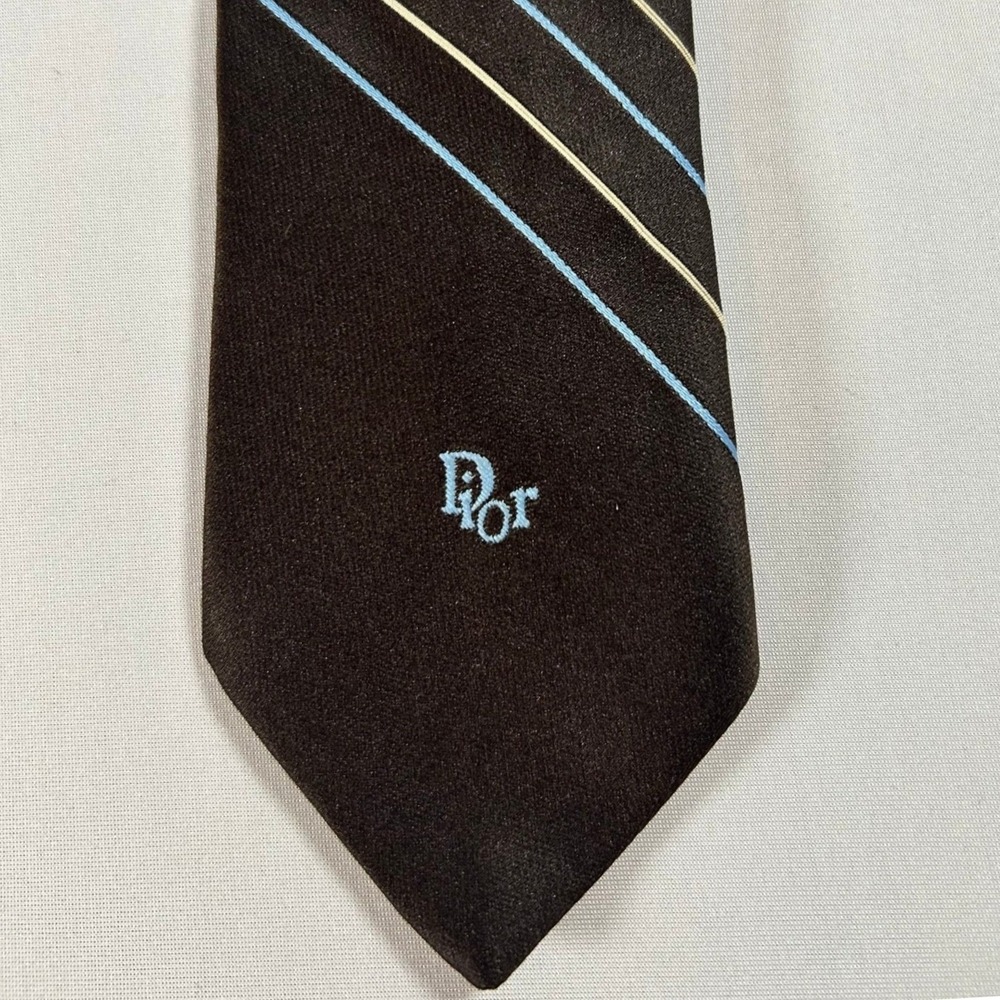 Christian Dior Monsieur Tie Mens Brown Stripe Vintage Embroidered Logo Necktie